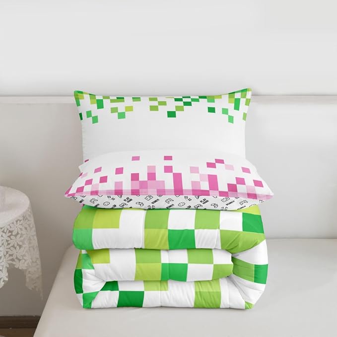 Manfei Pixelated Style Full Size Comforter Set,Geometric Camouflage Grid Bedding Comforters Bedroom Collection,Video Games Duvet Insert,Pink Green Room Decor 3 Pcs Bedding Set for Girls Teens