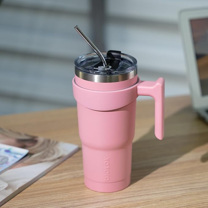 BJPKPK 40 oz Tumbler With Handle And Straw Stainless Steel Insulated Tumbler With Lid Reusable Metal Coffee Cups,Light Pink