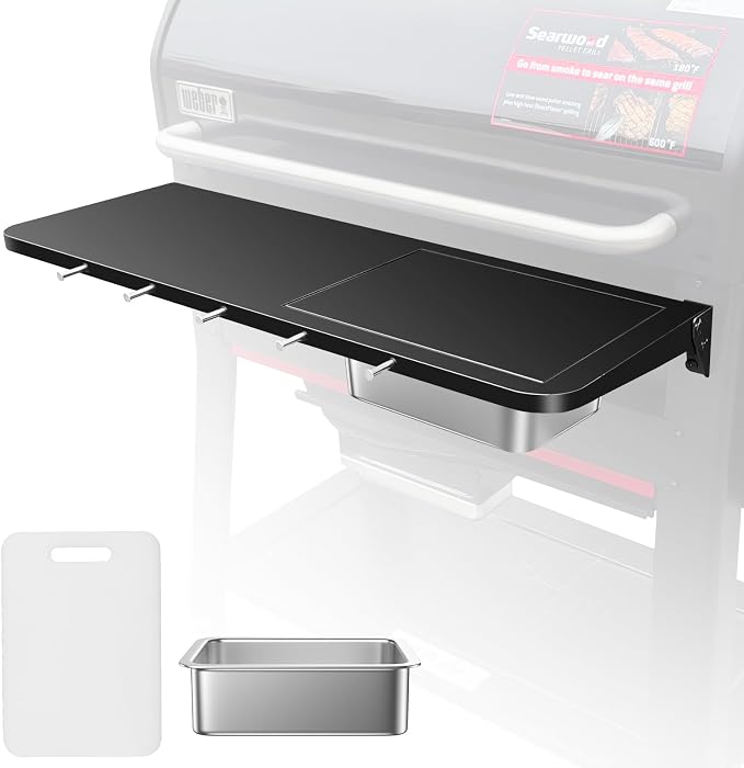 Front Folding Grill Table for Weber Searwood XL 600 Pellet Grill, 35" x 12.5" Large Prep Shelf with Stainless Steel Basin, Cutting Board, Lid & 5 Hooks, Heavy-Duty Weber Searwood XL 600 Accessories
