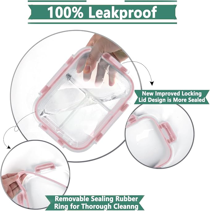 HOMBERKING 8 Pack Glass Meal Prep Containers 3 Compartment, 36oz Glass Food Storage Containers with Lids, Airtight Glass Lunch Bento Boxes, BPA-Free & Leak Proof (8 lids & 8 Containers) - Pink