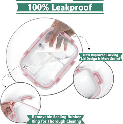 HOMBERKING 8 Pack Glass Meal Prep Containers 3 Compartment, 36oz Glass Food Storage Containers with Lids, Airtight Glass Lunch Bento Boxes, BPA-Free & Leak Proof (8 lids & 8 Containers) - Pink