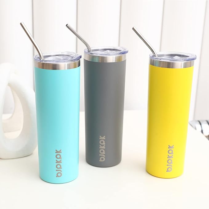 BJPKPK Skinny Insulated Tumbler, 20oz/600ml Stainless Steel Reusable Slim Travel Coffee Cup with Lid, Light Pink