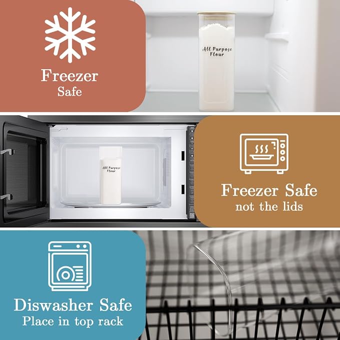 3 Pcs Square Glass Pantry Storage Containers with Bamboo Airtight Lid and 248 Clear Pantry Labels Preprinted - 62oz Thicken Glass Food Storage Jars for Coffee, Cookie, Tea, Sugar, Spice