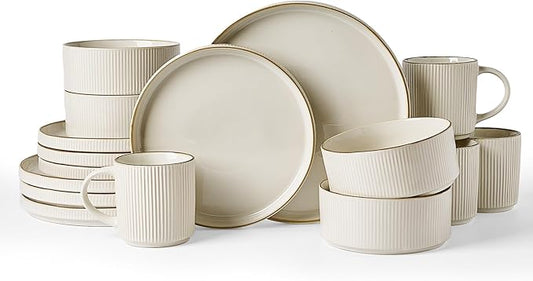 Famiware Star 16-Piece Stoneware Dinnerware Set with Trim, Service for 4 -Ceramic Mugs, Plates and Bowls, Modern Rustic Dishes with High Edge, Chip/Scratch Resistant, Microwave/Dishwasher Safe, White