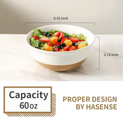 HASENSE Large Ceramic Serving Bowls Set of 2, 60 Oz 8.5 Inch White & Terracotta Stoneware Bowls, Farmhouse Bowls for Salad, Soup & Pasta, Dishwasher & Microwave Safe, Christmas Entertaining Dishes