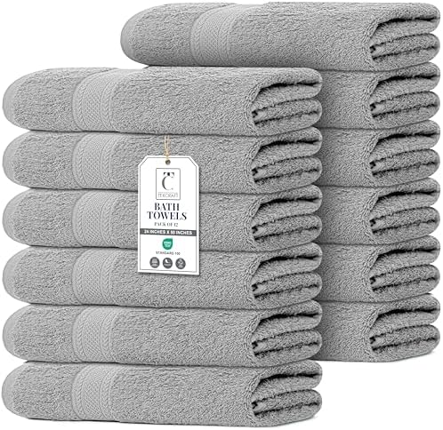 Bulk Large Bath Towels Set of 12 – 100% Cotton Terry – 24" x 50" – Quick Dry, Soft & Highly Absorbent – Light Grey Towels for Bathroom, Gym, Spa, Pool & Daily Use