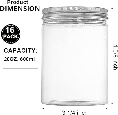 Tebery 16 Pack Clear Plastic Jars Bottles Containers with Silver Ribbed Lids 20oz Straight Cylinders Storage Canisters for Food & Home Storage