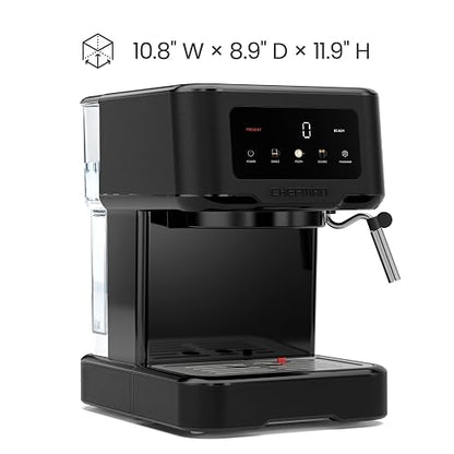 Chefman CraftBrew Espresso Machine, 15-Bar Pump Digital Espresso Maker w/Steam Wand for Latte & Cappuccino, Compact Espresso Coffee Machine w/ 1.5L Removable Water Reservoir - Stainless Black