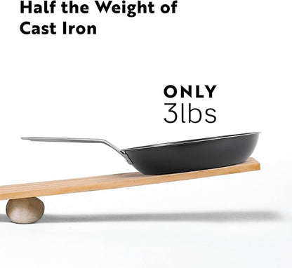 Tri Ply Carbon Steel 12 Inch Frying Pan - Naturally Nonstick Nitrided Carbon Steel Pan Better than Cast Iron - Lightweight, Non Toxic Cookware, No Coatings - Induction Ready Skillet