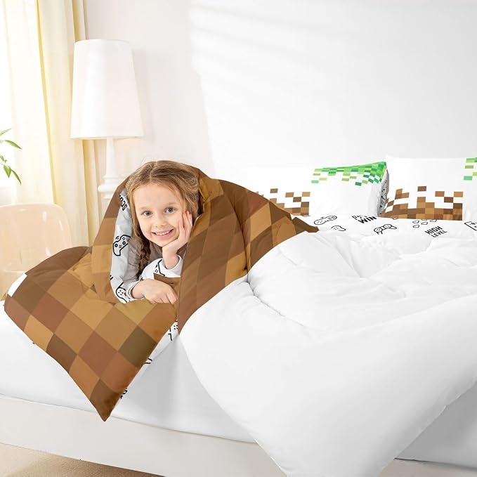 Manfei Pixelated Comforter Set Queen Size,Cartoon Gamepad Duvet Insert Adults Bedroom Decor,Miner Style Bedding Set,Brown Green Ultra Soft Microfiber Inner Fill 3Pcs Bedding
