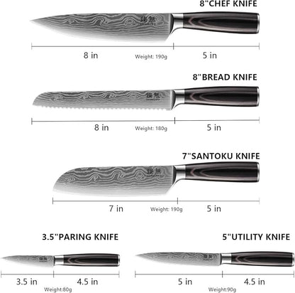 5-Piece Kitchen Knife Set, High Carbon Stainless Steel Blades with Wave Pattern, Ergonomic Pakkawood Handle - Includes 8" Chef, 8" Bread, 7" Santoku, 5" Utility & 3.5" Paring Knives