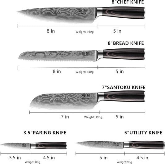 5-Piece Kitchen Knife Set, High Carbon Stainless Steel Blades with Wave Pattern, Ergonomic Pakkawood Handle - Includes 8" Chef, 8" Bread, 7" Santoku, 5" Utility & 3.5" Paring Knives