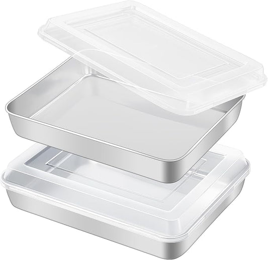 GIUOIDUO Premium Stainless Steel Baking Pan with Lid (2 Pack) – Rectangular Cake Pan, Heavy Duty Metal Bakeware for Lasagna, Brownie, Food Storage Container, Dishwasher Safe & Non-Toxic