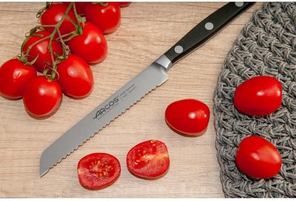 Arcos Forged Tomato Knife Serrated 5 Inch Stainless Steel. Ergonomic Polypropylene POM Handle & Special Silk Blade 130 mm. Series Manhattan. Blue Color. Impress and Amaze with Every Cut