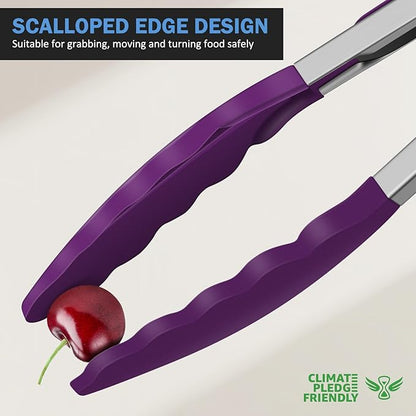 Kitchen Tongs, Stainless Steel Cooking Tongs with Silicone Tips, 600ºF High Heat-Resistant Non Scratch Locking Tongs for Cooking BBQ Grilling Air Fryer Pans, Set of 3 (7" 9" and 12") Purple