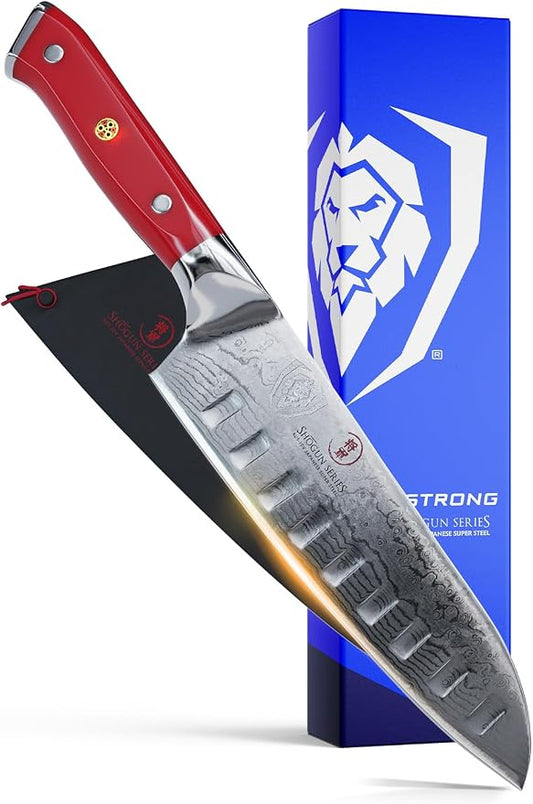 Dalstrong Santoku Knife - 7 inch - Shogun Series - Damascus - Japanese AUS-10V Super Steel Kitchen Knife - Vacuum Treated - Crimson Red ABS Handle - Razor Sharp Vegetable Knife - w/Sheath