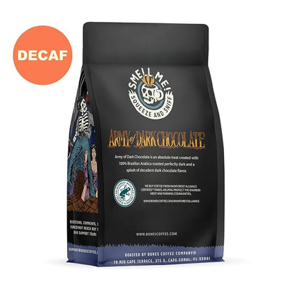 Bones Coffee Company Decaf Army of the Dark Chocolate Decaffeinated Flavored Coffee, Medium Roast Low Acid Arabica Beans Compatible with Auto drip and French Press Coffee Maker, 12 Oz Ground