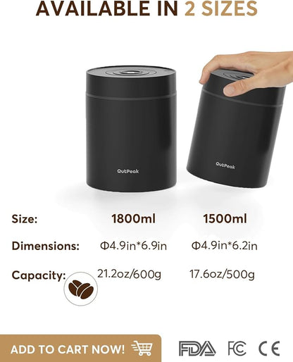 OUTPEAK Neo Latest Kilo Auto Vacuum Coffee Canister, 1.5L Capacity for 17.6oz of Coffee Beans, One-Button Operation, Stainless Steel Coffee Storage Container with Scoop (Barista Champion's Choice)