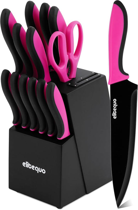 14 Piece Kitchen Knife Set with Built-in Sharpener, German Stainless Steel & Ceramic-Coated Blades, Dishwasher Safe