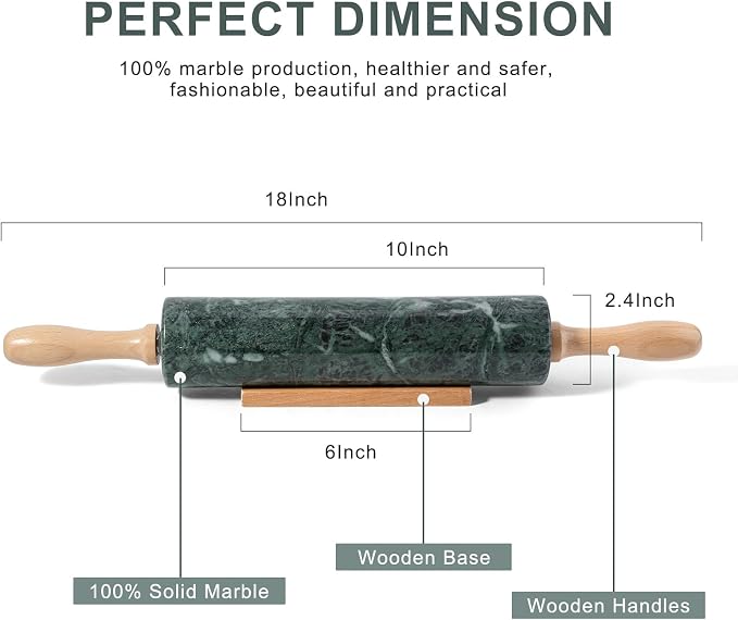 Koville Indian Green Marble Rolling Pin, Non-Stick Stone Dough Roller, 18 Inch Rolling Pin for Baking,Pasta, Dumpling, Ravioli, Fondant,Pie Crust, Kitchen Baking Pastry Tools, Kitchen Essential