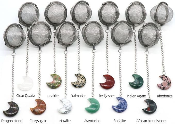 5 Pcs Tea Filter Stainless Steel with Moon Crystal Energy Stone Tea Strainers with Fine Mesh Extend Chain Hook Tea Ball Infuser for Loose Tea Leaves Spices Seasonings