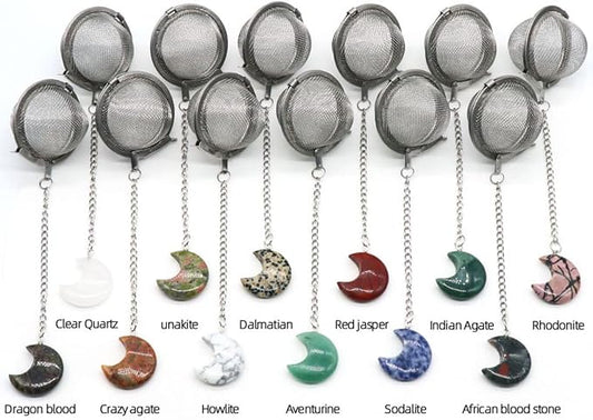 5 Pcs Tea Filter Stainless Steel with Moon Crystal Energy Stone Tea Strainers with Fine Mesh Extend Chain Hook Tea Ball Infuser for Loose Tea Leaves Spices Seasonings