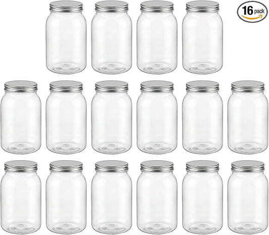 novelinks 32 oz Clear Plastic Jars with Lids, 16 Pack Large Plastic Mason Jars with Lids 32oz, Reusable Quart Containers for Kitchen Organization (16 Pack,Silver)