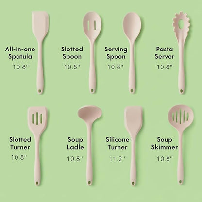 Non-Toxic Platinum Silicone Kitchen Utensil Set of 8 – Non-Scratch Cooking Spoons & Spatulas, 100% Plastic Free, Stainless Steel Core, Heat Resistant 500°F, Beige