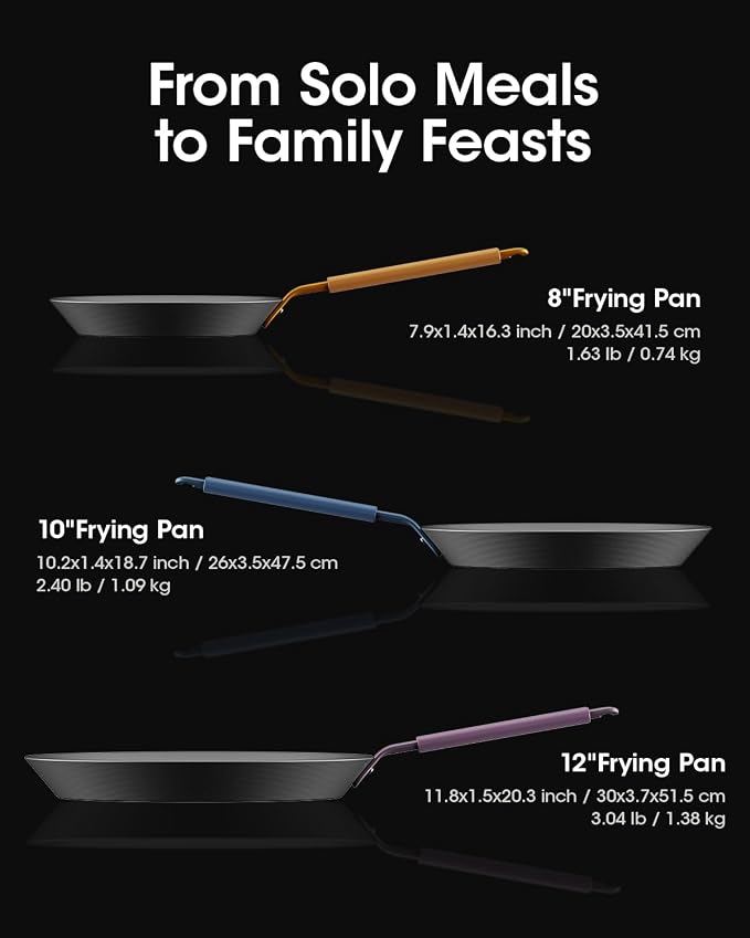 Carbon Steel Frying Pan Set 8"/10"/12", Preseasoned Skillet Trio, Nitrided Rust Resistant Kitchen Cooking Set, Induction & Oven Safe