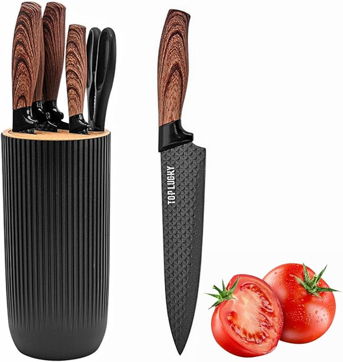 Luxury Aesthetic Kitchen Knife Set with Holder,6Pcs Black Knife Set with Wood Grain Handle,Stainless Steel Chef Knives and Scissors,Gift for Cooking