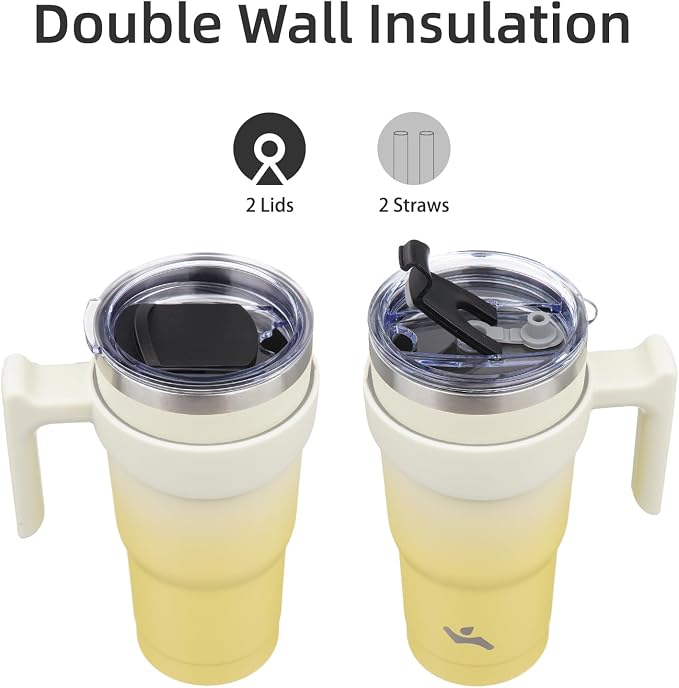 Konokyo 20 oz Tumbler with Handle and 2 Straw 2 Lid, Insulated Water Bottle Stainless Steel Vacuum Cup Reusable Travel Mug,Lemon