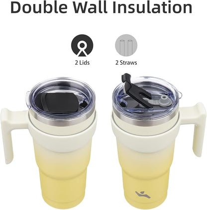 Konokyo 20 oz Tumbler with Handle and 2 Straw 2 Lid, Insulated Water Bottle Stainless Steel Vacuum Cup Reusable Travel Mug,Lemon