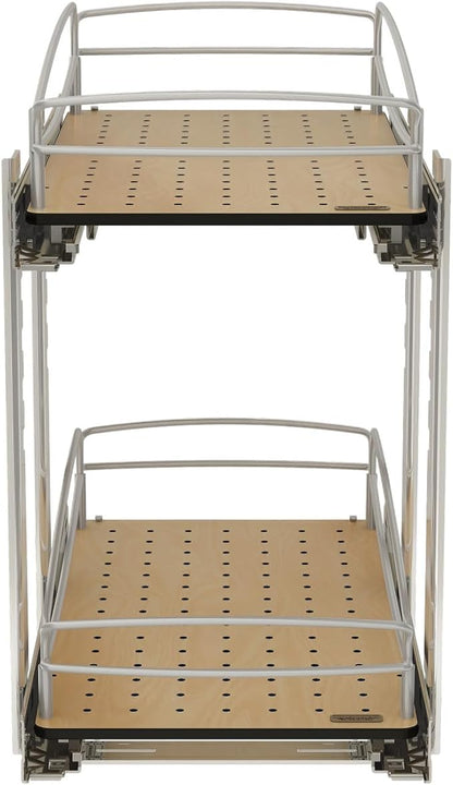 Rev-A-Shelf 2 Tier Pull Out Kitchen Cabinet Storage Organizer with Solid Bottom & Undermount Soft-Close Full Extension Slides, 54BK-12SC-2-1