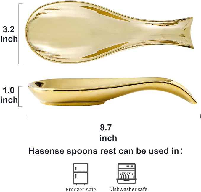 Ceramic Spoon Rest for Stove Top, Large 8.7 Inch Spoon Holder for Kitchen Counter, Porcelain Utensil Rest for Ladle, Spatula, Tongs, Housewarming Gift, Dishwasher Safe and Heat-Resistant, Gold(1 PC)