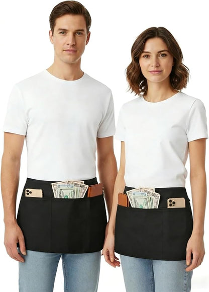 BOHARERS Cotton Server Aprons 2 Pack Waiter Waitress Apron Short Apron with Pockets Restaurant BBQ 12 Inch Black