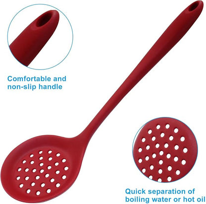 Hordion 1 Pcs Silicone Slotted Spoon, Red Strainer Spoon Non Stick Silicone Skimmer Heat Resistant Cooking Spoon