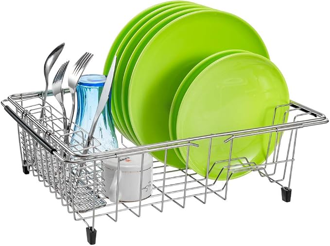 SANNO Expandable in Sink Dish Drying Rack, Large Dish Drying Rack with 4 Division Utensil Silverware Cutlery Holder, Dish Drainer Shelf Dish Rack in Sink On Counter, Rustproof Stainless Steel