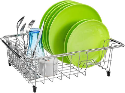 SANNO Expandable in Sink Dish Drying Rack, Large Dish Drying Rack with 4 Division Utensil Silverware Cutlery Holder, Dish Drainer Shelf Dish Rack in Sink On Counter, Rustproof Stainless Steel