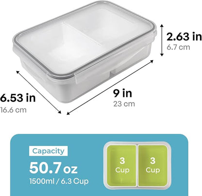 carrotez Food Storage Container with 2 Removable Compartments, Food Prep Container with Airtight Lids, Portion Control Container, Reusable, BPA Free, 6.3 Cup (1500ml)