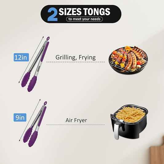 Tongs for Cooking, 600ºF High Heat-Resistant Stainless Steel Kitchen Tongs with Silicone Tips, Non Scratch, Locking Tong for BBQ Grilling Air Fryer Food Salads, Set of 2 (9" and 12") Purple