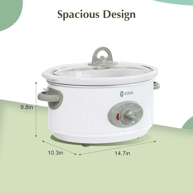 4.0 Quart Slow Cooker with Ceramic Nonstick Coating, 3 Heat Settings, Cool Touch Handles, Safe Tempered Glass Lid, Dishwasher Safe for Easy Cleanup, Ivory White