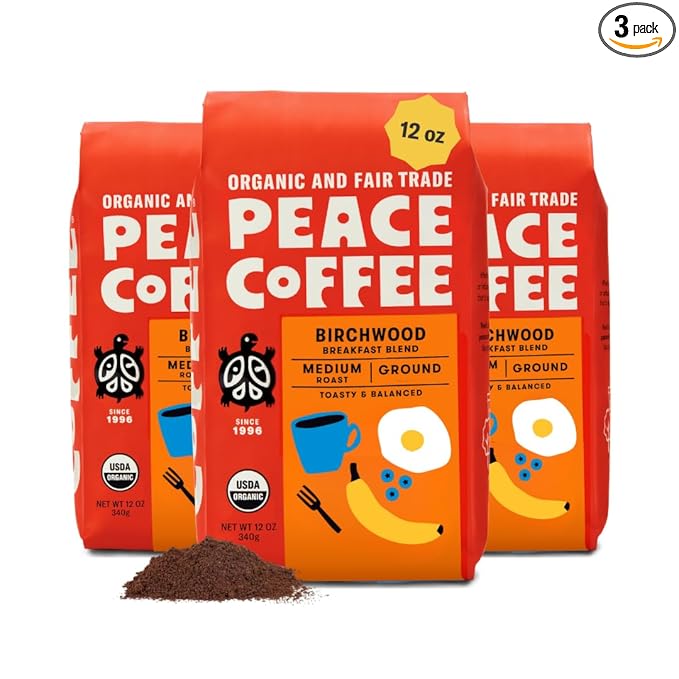 Peace Coffee Birchwood Breakfast Blend Ground Medium Roast Coffee, 12 oz, Pack of 3, Organic Fair Trade, Smooth, Mild Flavor, Shade Grown, Fresh Roasted