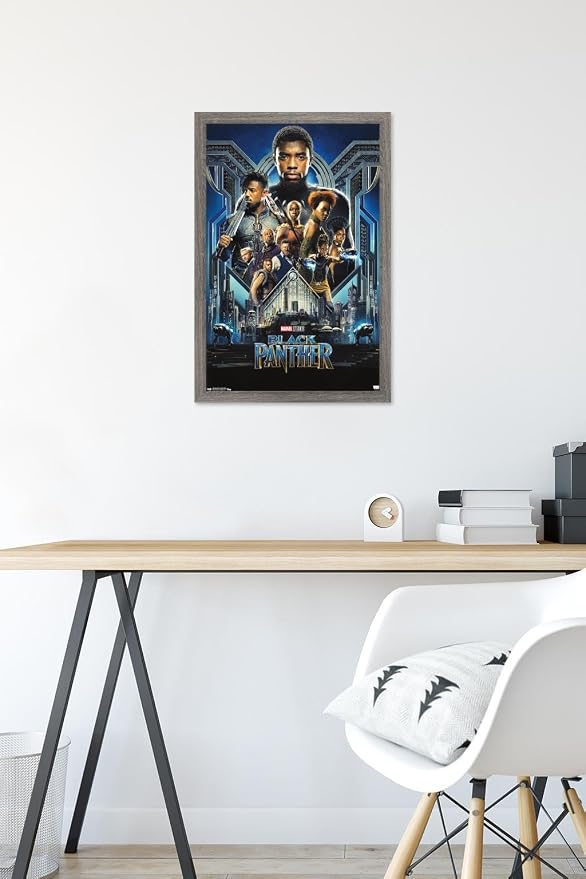 Trends International Marvel Cinematic Universe - Black Panther - Group One Sheet Wall Poster, 14.725" x 22.375", Barnwood Framed Version