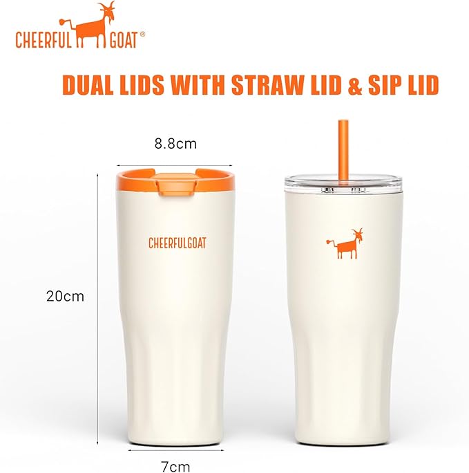 CHEERFUL GOAT Ceramic Lined Coffee Travel Tumbler – Stainless Steel Travel Coffee Tumbler with Ceramic Liner, with lid, 21 OZ Cup for Hot and Cold Water Coffee at Home, Office, or On the Go (White)