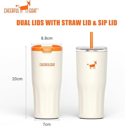 CHEERFUL GOAT Ceramic Lined Coffee Travel Tumbler – Stainless Steel Travel Coffee Tumbler with Ceramic Liner, with lid, 21 OZ Cup for Hot and Cold Water Coffee at Home, Office, or On the Go (White)