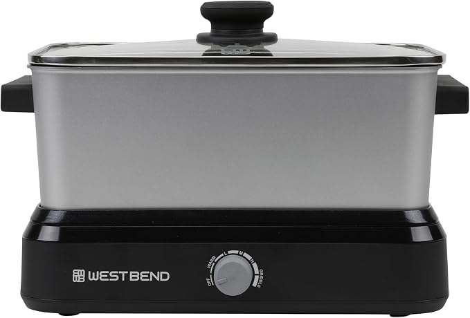 West Bend Versatility Slow Cooker Large Capacity Non-stick Cooking Vessel & Variable Temperature Heating Base Includes Travel Lid and Storage Bag, Range and Oven-Safe Cooking Pot, 5-Quart, Silver