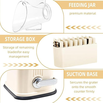Rotary Cheese Grater with Handle, Vegetable Shredder with 5 Replaceable Blades & Strong Suction Base, Round Food Slicer & Chopper for Kitchen Fruit Vegetables Nuts with Blade Storage Box (Beige)
