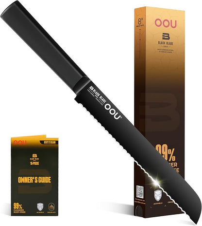 OOU® Black Blade 8 Inch Bread Knife with AgShield™ & Cerablack™ Technology, Rust-Resistant & Easy-Clean Finish, Serrated Edge for Sourdough, Bagels & Cake