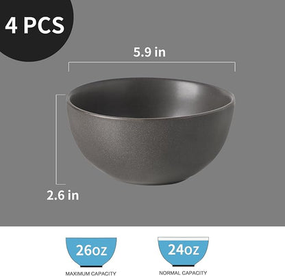 Cereal Bowls, 24 oz Soup Bowls Set of 4, Ceramic Bowls Set for Salad, Fruit, Breakfast, Dessert, Stoneware Bowls for Kitchen, Dishwasher & Microwave Safe, Matte Black