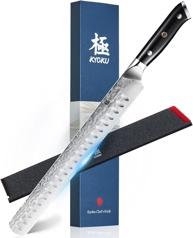 Kyoku 12" Brisket Knife for Meat Carving, UPGRADED Damascus Slicing Knife with Silver PVD Coating for Professional &Home Chefs,Sharp Japanese VG10 Steel Butcher Meat Cutting Knives,BBQ Breaking Slicer